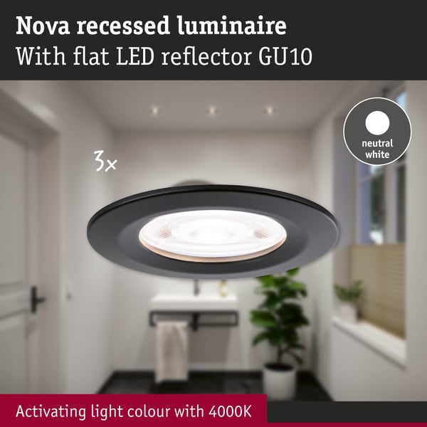 Paulmann Infälld LED lampa Nova GU10 Flat styv IP44 3x4,9W 3x550lm 230V 4000K Svart matt