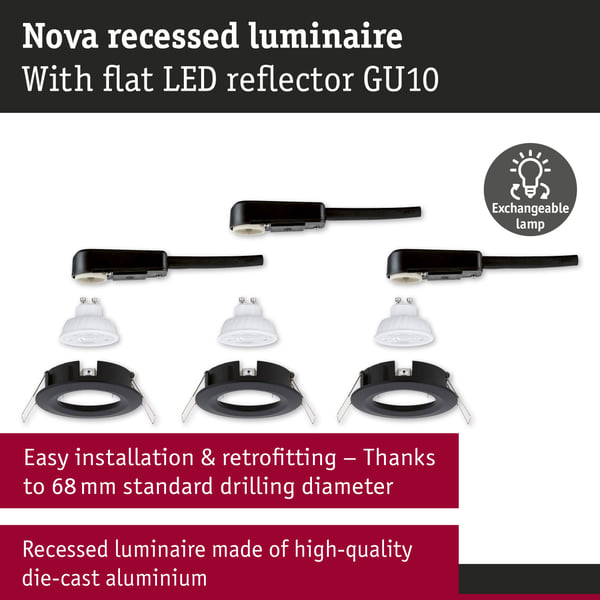 Paulmann Infälld LED lampa Nova GU10 Flat styv IP44 3x4,9W 3x550lm 230V 4000K Svart matt