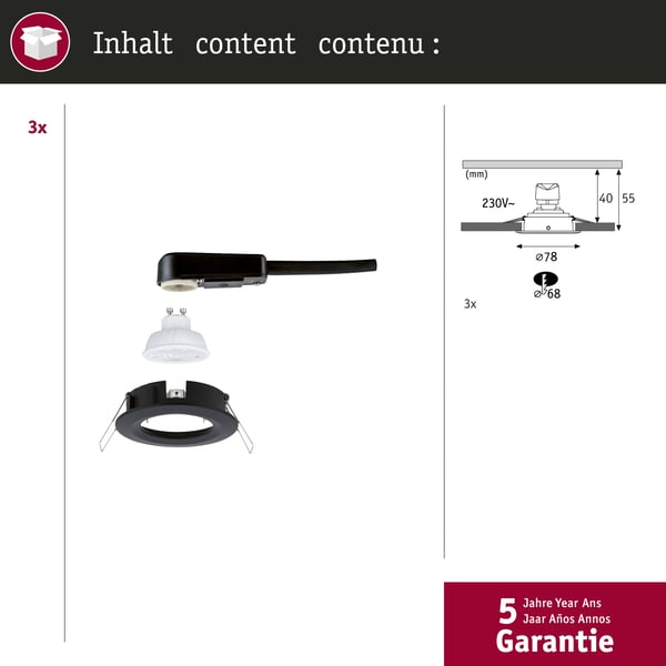 Paulmann Infälld LED lampa Nova GU10 Flat styv IP44 3x4,9W 3x550lm 230V 4000K Svart matt