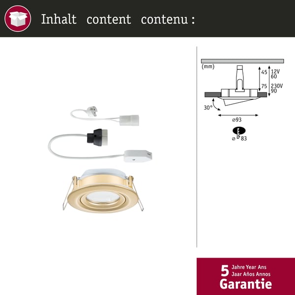 Paulmann Infälld armatur Nova Plus IP65 rund 93 mm 30° GU5,3 / GU10 max. 35W 230/12V dimbar Guld matt