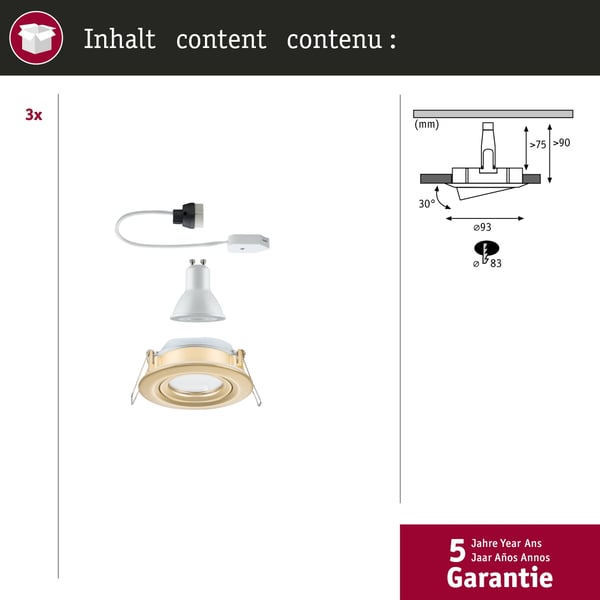 Paulmann Infälld LED lampa Nova Plus IP65 rund 93 mm 30° GU10 3x6W 3x460lm 230V dimbar 2700K Guld matt
