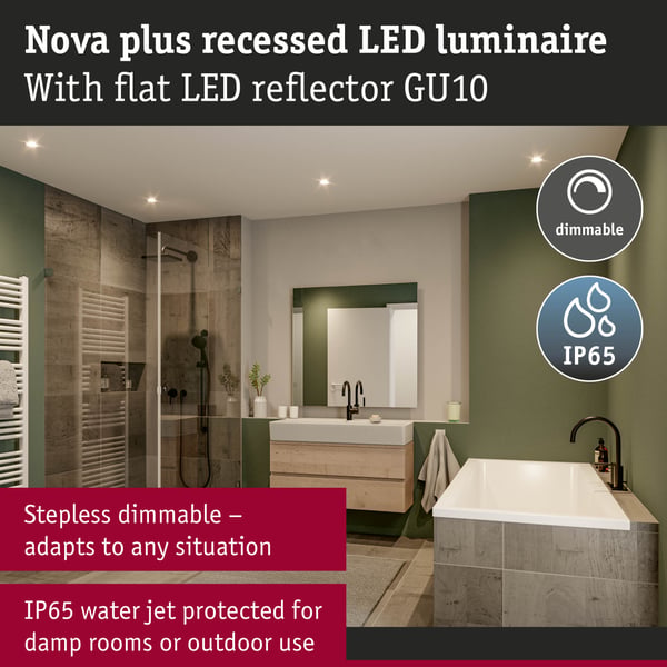 Paulmann Infälld LED lampa Nova Plus GU10 Flat IP65 93 mm 4,9W 550lm 230V dimbar 2700K Vit matt