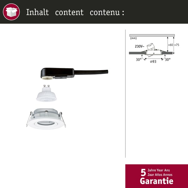 Paulmann Infälld LED lampa Nova Plus GU10 Flat IP65 93 mm 4,9W 550lm 230V dimbar 2700K Vit matt