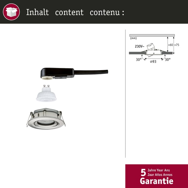 Paulmann Infälld LED lampa Nova Plus GU10 Flat IP65 93 mm 4,9W 550lm 230V 2700K Järn borstat