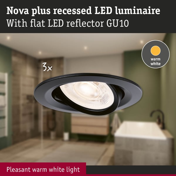 Paulmann Infälld LED lampa Nova Plus GU10 Flat IP65 93 mm 3x4,9W 3x550lm 230V dimbar 2700K Svart matt