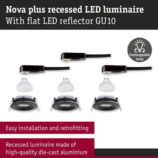 Paulmann Infälld LED lampa Nova Plus GU10 Flat IP65 93 mm 3x4,9W 3x550lm 230V dimbar 2700K Svart matt
