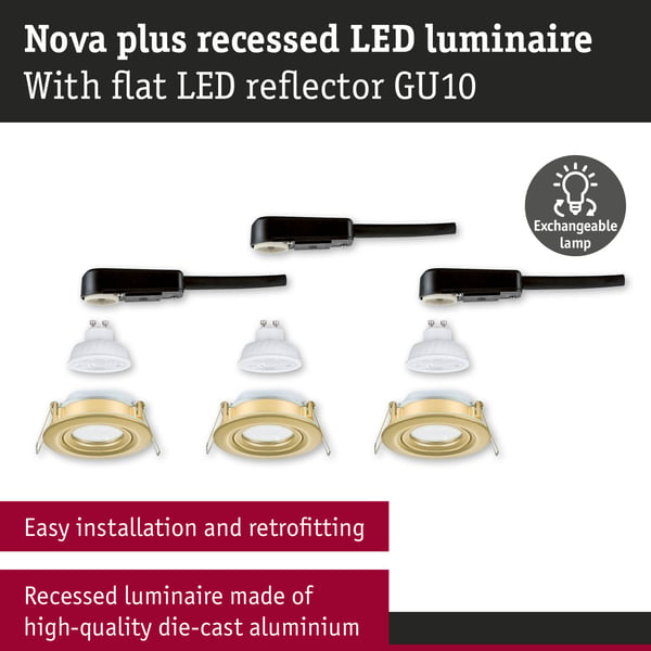 Paulmann Infälld LED lampa Nova Plus GU10 Flat IP65 93 mm 3x4,9W 3x550lm 230V dimbar 2700K Guld matt