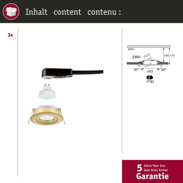 Paulmann Infälld LED lampa Nova Plus GU10 Flat IP65 93 mm 3x4,9W 3x550lm 230V dimbar 2700K Guld matt
