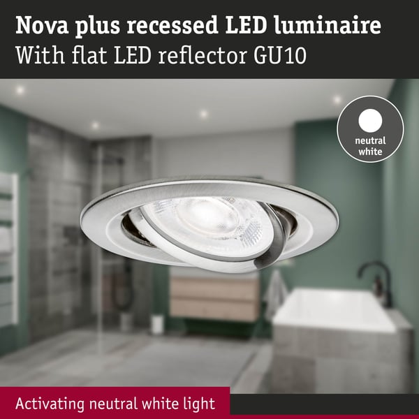 Paulmann Infälld LED lampa Nova Plus GU10 Flat IP65 93 mm 4,9W 550lm 230V dimbar 4000K Järn borstat