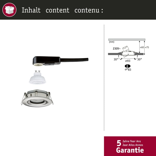 Paulmann Infälld LED lampa Nova Plus GU10 Flat IP65 93 mm 4,9W 550lm 230V dimbar 4000K Järn borstat