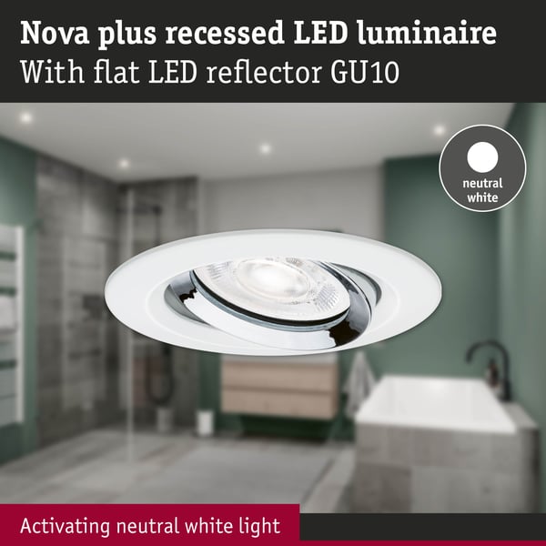 Paulmann Infälld LED lampa Nova Plus GU10 Flat IP65 93 mm 4,9W 550lm 230V dimbar 4000K Vit matt, Krom