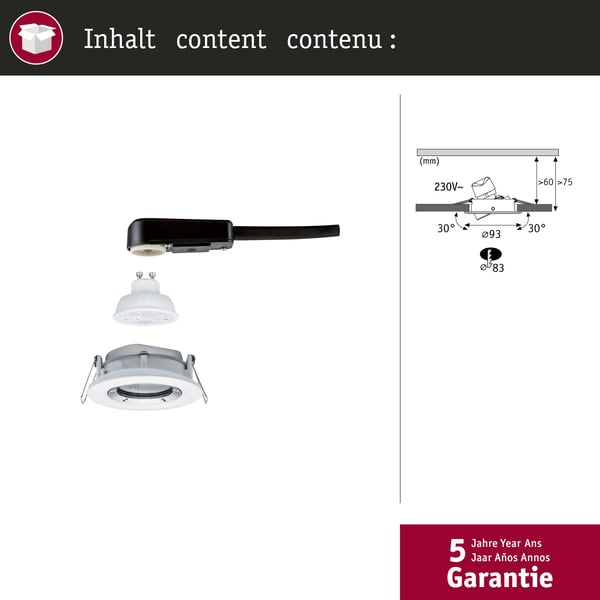 Paulmann Infälld LED lampa Nova Plus GU10 Flat IP65 93 mm 4,9W 550lm 230V dimbar 4000K Vit matt, Krom