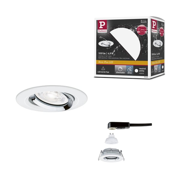 Paulmann Infälld LED lampa Nova Plus GU10 Flat IP65 93 mm 4,9W 550lm 230V dimbar 4000K Vit matt, Krom