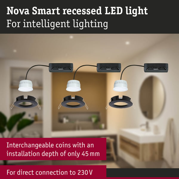 Paulmann Infälld LED lampa Nova Coin IP44 rund 78 mm Tunable White 3x6W 3x530lm 230V Svart matt Aluminium