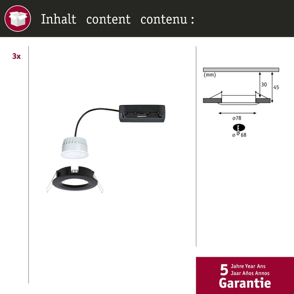 Paulmann Infälld LED lampa Nova Coin IP44 rund 78 mm Tunable White 3x6W 3x530lm 230V Svart matt Aluminium