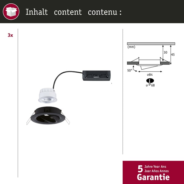 Paulmann Infälld LED lampa Nova Coin rund 84 mm 50° 3x2,8W 3x505lm 230V 4000K Svart matt