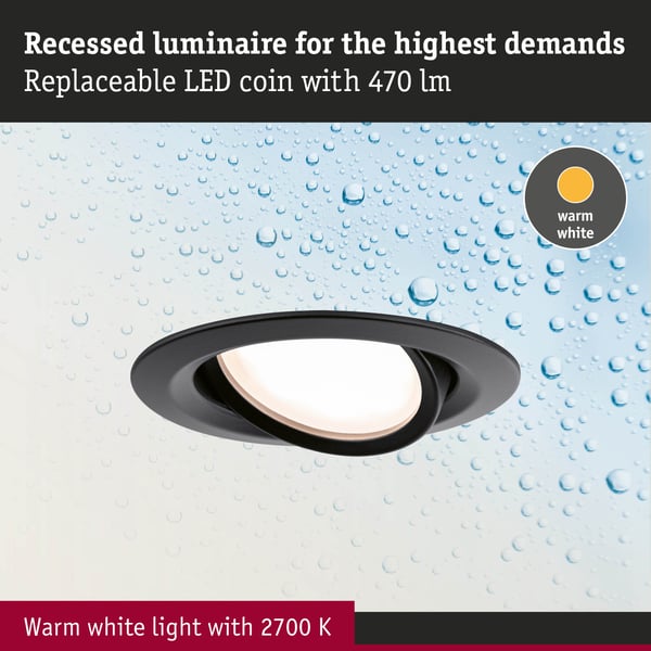 Paulmann Infälld LED lampa Nova Plus Coin IP65 rund 93 mm 30° Coin 6W 470lm 230V dimbar 2700K Svart matt