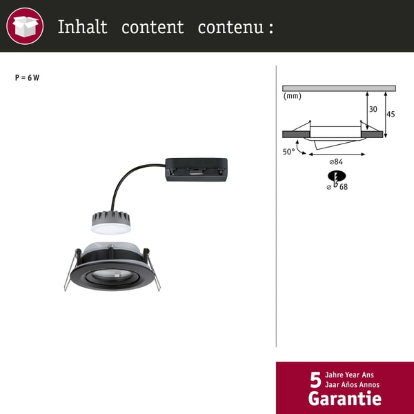 Paulmann Infälld LED lampa Nova Plus Coin IP65 rund 93 mm 30° Coin 6W 470lm 230V dimbar 2700K Svart matt