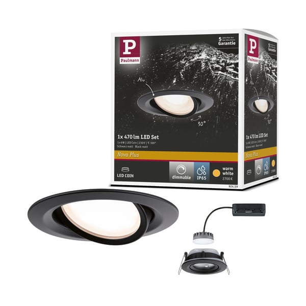 Paulmann Infälld LED lampa Nova Plus Coin IP65 rund 93 mm 30° Coin 6W 470lm 230V dimbar 2700K Svart matt