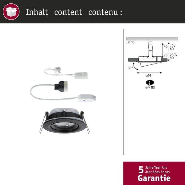 Paulmann Infälld armatur Nova Plus IP65 rund 93 mm 30° GU5,3 / GU10 max. 35W 230/12V dimbar Svart matt