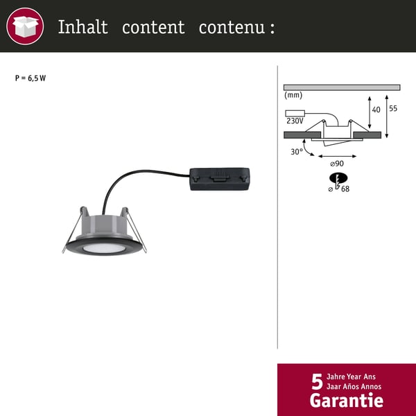 Paulmann Infälld LED lampa Calla IP65 rund 90 mm 30° 6W 500lm 230V 4000K Svart matt