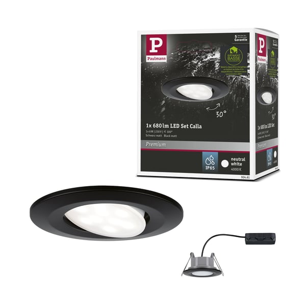 Paulmann Infälld LED lampa Calla IP65 rund 90 mm 30° 6W 500lm 230V 4000K Svart matt