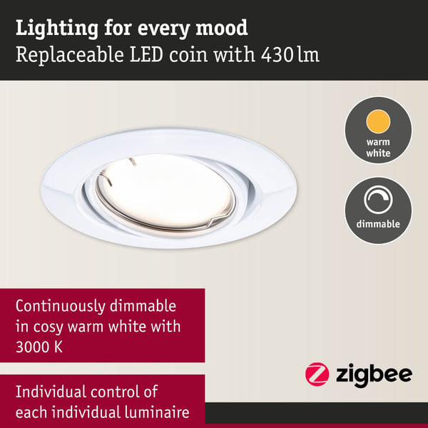 Paulmann Infälld LED lampa Smart Home Zigbee 3.0 Base Coin rund 90 mm 20° Coin 3x4,9W 3x430lm 230V dimbar 3000K Vit