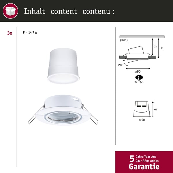 Paulmann Infälld LED lampa Smart Home Zigbee 3.0 Base Coin rund 90 mm 20° Coin 3x4,9W 3x430lm 230V dimbar 3000K Vit