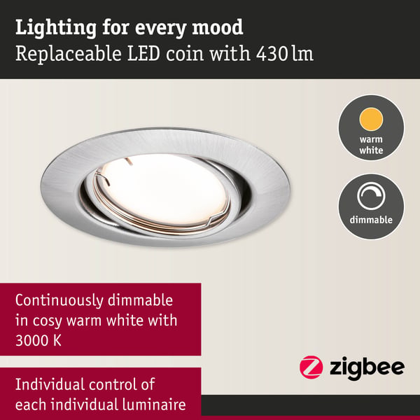 Paulmann Infälld LED lampa Smart Home Zigbee 3.0 Base Coin rund 90 mm 20° Coin 3x4,9W 3x430lm 230V dimbar 3000K Järn borstat