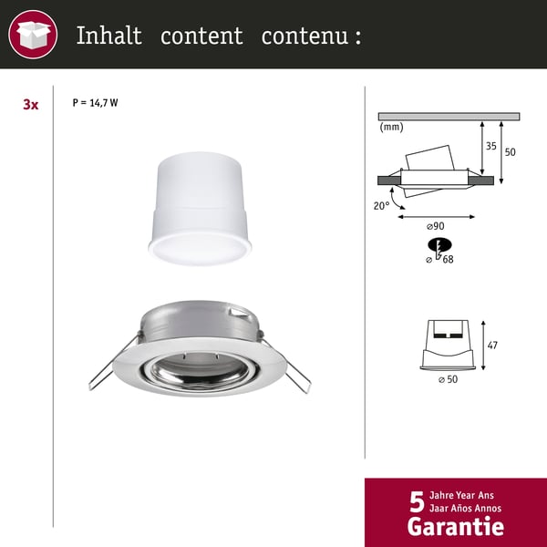 Paulmann Infälld LED lampa Smart Home Zigbee 3.0 Base Coin rund 90 mm 20° Coin 3x4,9W 3x430lm 230V dimbar 3000K Järn borstat