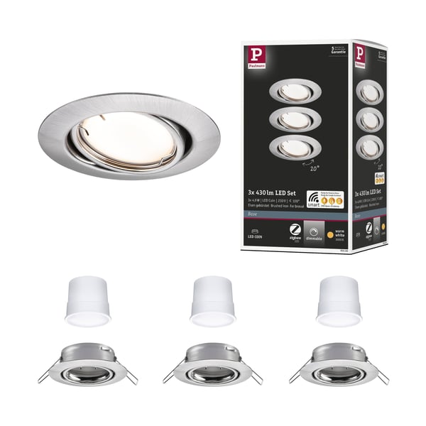 Paulmann Infälld LED lampa Smart Home Zigbee 3.0 Base Coin rund 90 mm 20° Coin 3x4,9W 3x430lm 230V dimbar 3000K Järn borstat