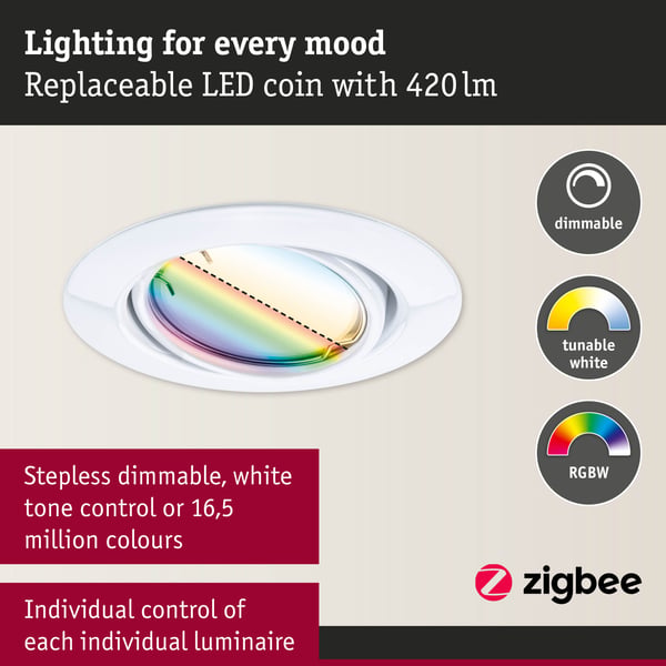 Paulmann Infälld LED lampa Smart Home Zigbee 3.0 Base Coin rund 90 mm 20° Coin 3x4,9W 3x420lm 230V dimbar RGBW+ Vit
