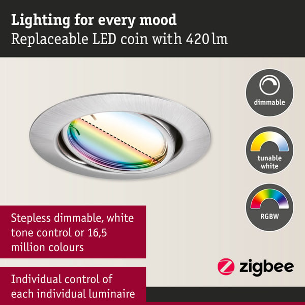 Paulmann Infälld LED lampa Smart Home Zigbee 3.0 Base Coin rund 90 mm 20° Coin 3x4,9W 3x420lm 230V dimbar RGBW+ Järn borstat