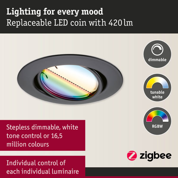 Paulmann Infälld LED lampa Smart Home Zigbee 3.0 Base Coin rund 90 mm 20° Coin 3x4,9W 3x420lm 230V dimbar RGBW+ Svart matt