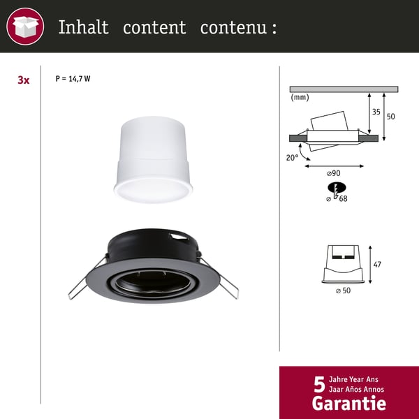 Paulmann Infälld LED lampa Smart Home Zigbee 3.0 Base Coin rund 90 mm 20° Coin 3x4,9W 3x420lm 230V dimbar RGBW+ Svart matt