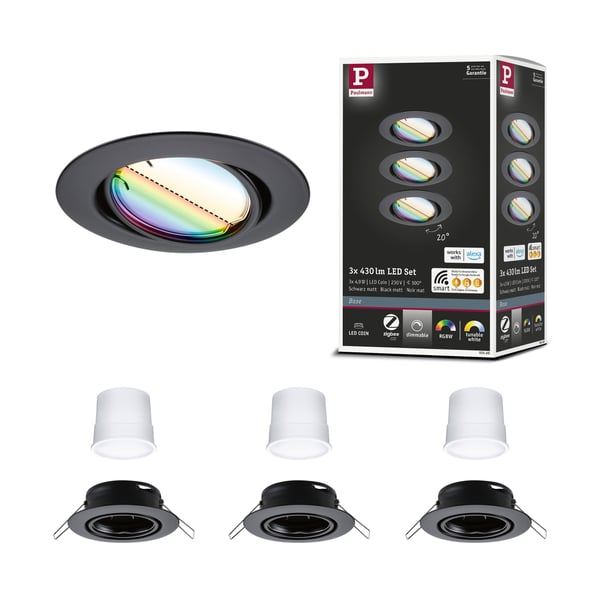 Paulmann Infälld LED lampa Smart Home Zigbee 3.0 Base Coin rund 90 mm 20° Coin 3x4,9W 3x420lm 230V dimbar RGBW+ Svart matt