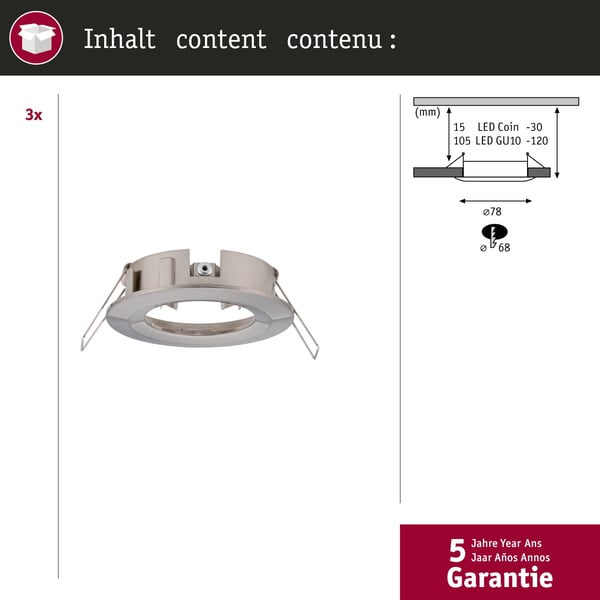 Paulmann Infälld armatur Choose IP44 rund 78 mm max. 3x10W 230V dimbar Järn borstat