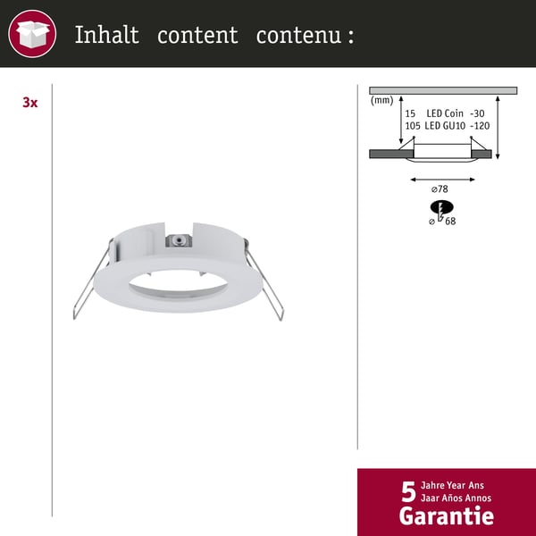 Paulmann Infälld armatur Choose IP44 rund 78 mm max. 3x10W 230V dimbar Vit matt