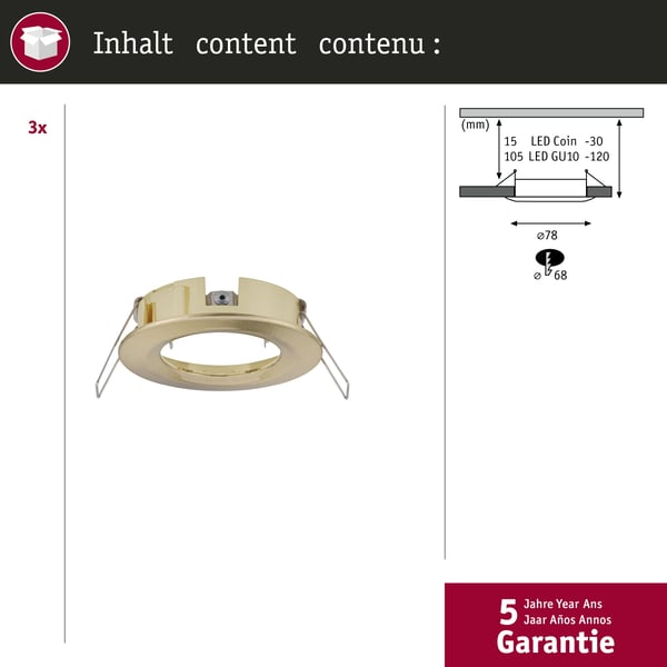 Paulmann Infälld armatur Choose IP44 rund 78 mm max. 3x10W 230V dimbar Mässing borstad
