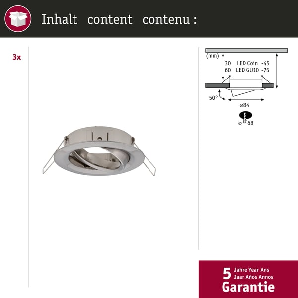 Paulmann Infälld armatur Choose rund 84 mm 50° max. 3x10W 230V dimbar Järn borstat