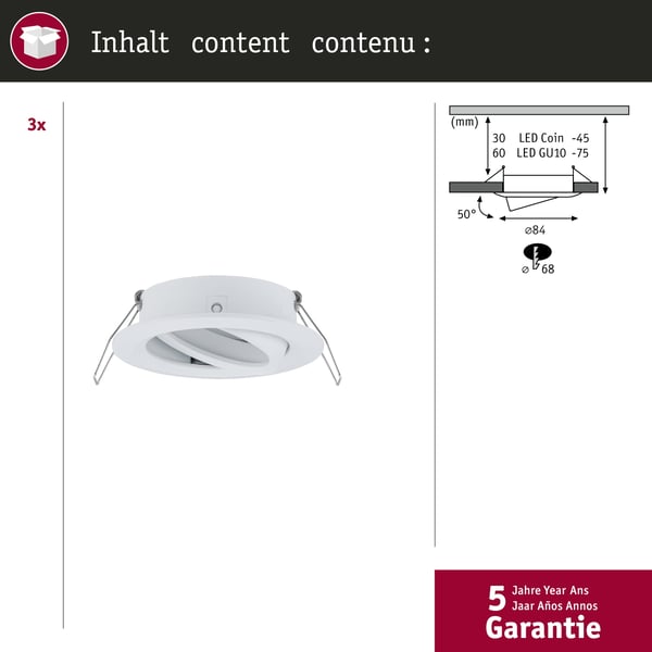 Paulmann Infälld armatur Choose rund 84 mm 50° max. 3x10W 230V dimbar Vit matt