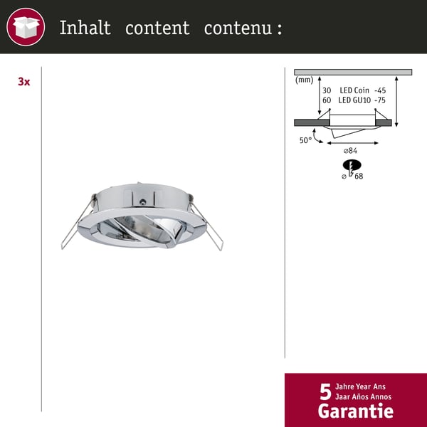 Paulmann Infälld armatur Choose rund 84 mm 50° max. 3x10W 230V dimbar Krom