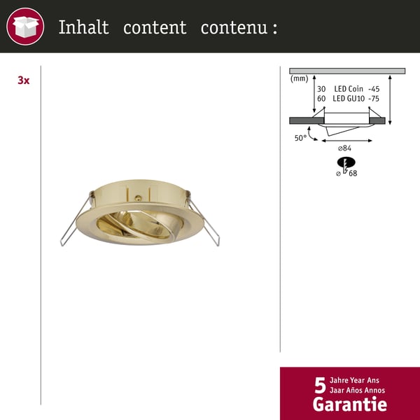 Paulmann Infälld armatur Choose rund 84 mm 50° max. 3x10W 230V dimbar Mässing borstad