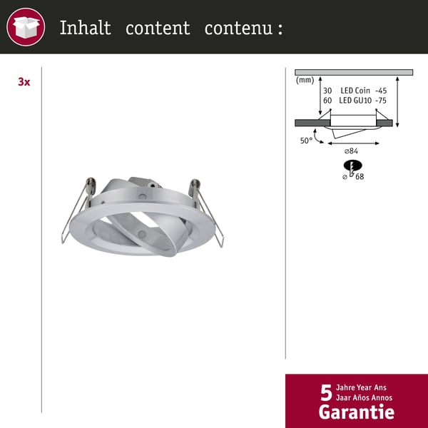 Paulmann Infälld armatur Choose rund 84 mm 50° max. 3x10W 230V dimbar Aluminium vriden