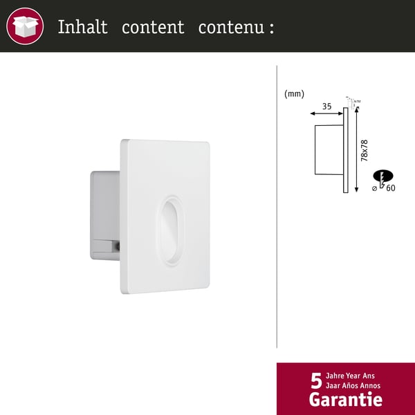 Paulmann LED infälld vägglampa Wall vinkelformad 78x78 mm 1,1W 65lm 230V 2700K Vit