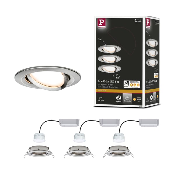 Paulmann Infälld LED lampa Smart Home Zigbee 3.0 Nova Plus Coin rund 84 mm 50° Coin 3x6W 3x470lm 230V dimbar 2700K Järn borstat Paulmann Infälld LED lampa Smart Home Zigbee 3.0 Nova Plus Coin rund 84 mm 50° Coin 3x6W 3x470lm 230V dimbar 2700K Järn borstat
