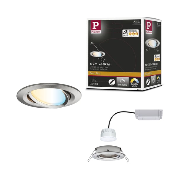 Paulmann Infälld LED lampa Smart Home Zigbee 3.0 Nova Plus Coin rund 84 mm 50° Coin 6W 470lm 230V dimbar Tunable White Järn borstat