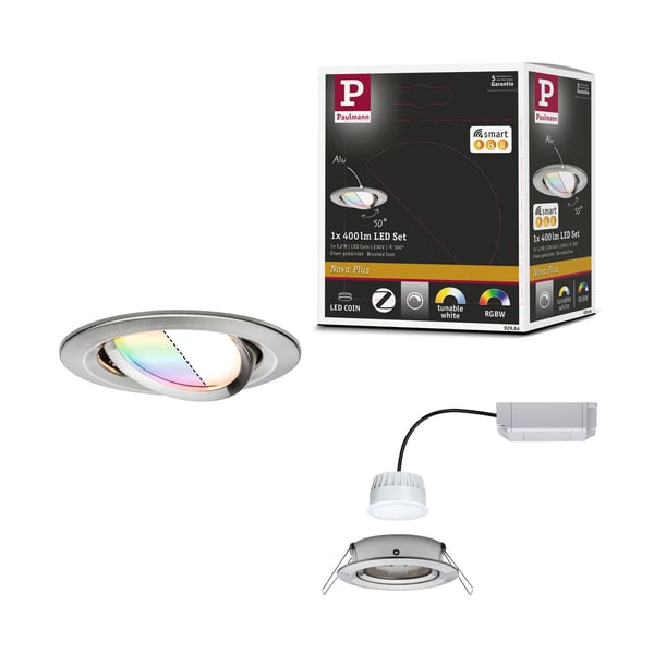 Paulmann Infälld LED lampa Smart Home Zigbee 3.0 Nova Plus Coin rund 84 mm 50° Coin 5,2W 400lm 230V dimbar RGBW+ Järn borstat