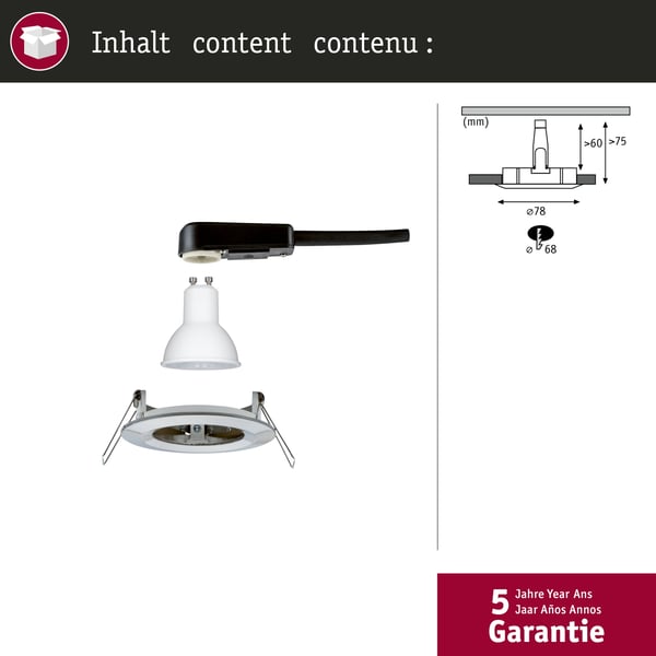 Paulmann Infälld LED lampa Nova IP44 rund 78 mm GU10 6,5W 470lm 230V 4000K Järn borstat