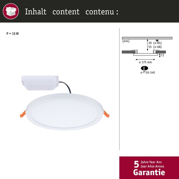 Paulmann VariFit Infälld LED panel Areo panel IP44 rund 175 mm 13W 1200lm 3000K Vit